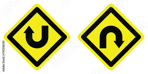 set yellow u turn left right arrow road traffic warning caution sign direction icon. exclamation, hazard sign symbol logo design for web mobile isolated white background illustration