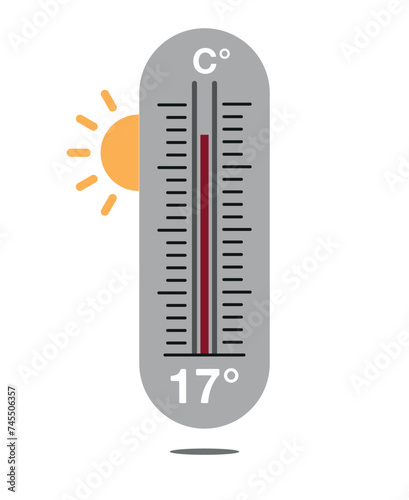 17° C. Design thermometer weather forecast. Warm temperature concept with sun