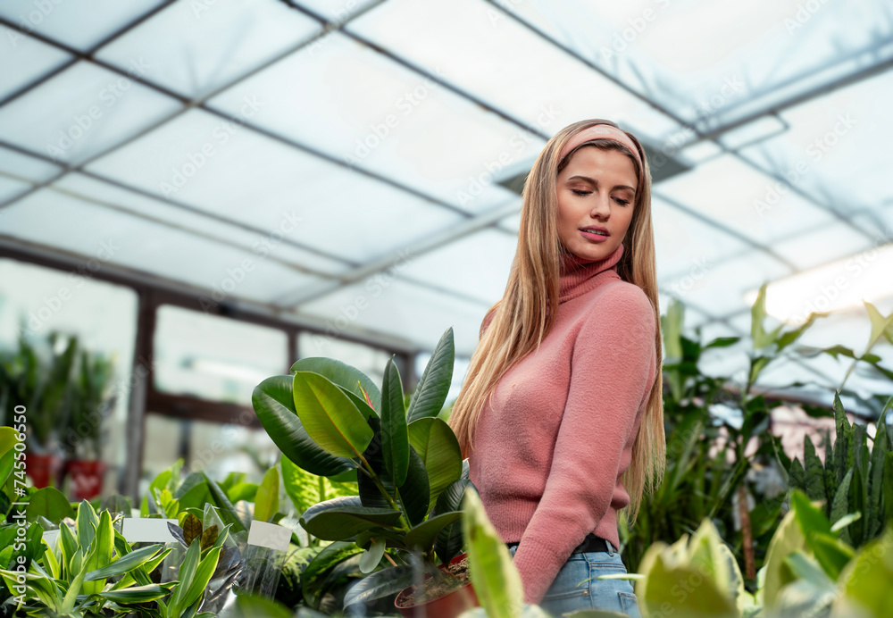 Amazing blonde long hair girl, choosing potted flowers to decorate her home