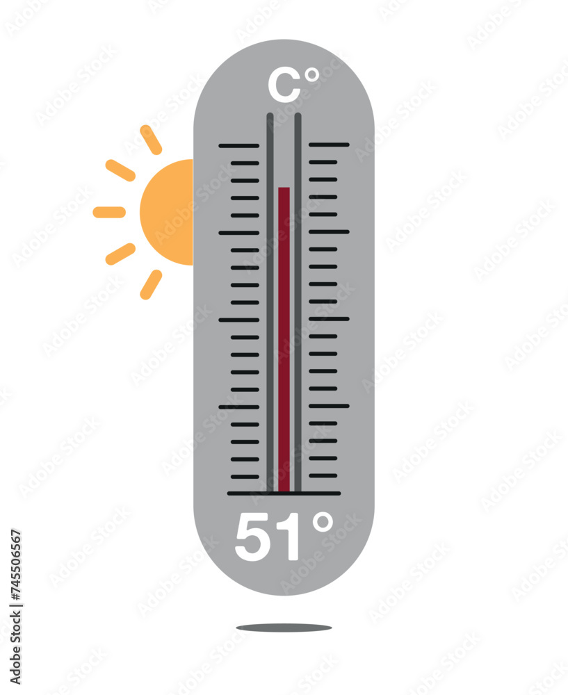 51° C. Design thermometer weather forecast. Warm temperature concept with sun 51° C. Design thermometer weather forecast. Warm temperature concept with sun