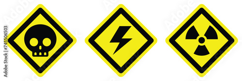 set yellow danger warning skull radioactive electrical road traffic sign arrow direction icon. exclamation, hazard sign symbol logo design for web mobile isolated white background illustration.