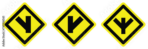 set yellow split y road turn left right right arrow traffic warning caution sign icon. exclamation, hazard sign symbol logo design for web mobile isolated white background illustration.