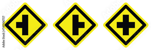 yellow Intersection junction cross right and left road traffic sign arrow direction icon crossroad. exclamation, hazard sign symbol logo design for web mobile isolated white background illustration.