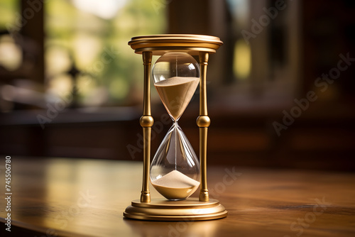 Conceptual representation of time: A brass hourglass with white sand on a polished wooden surface