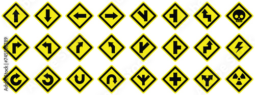 set curve u turn right left forward back yellow double sharp loop split road danger warning sign. exclamation, hazard sign symbol logo design for web mobile isolated white background illustration.