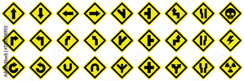 set yellow warning caution road traffic sign arrow direction icon. exclamation  hazard sign symbol logo design for web mobile isolated white background illustration.