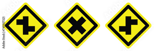 yellow left and right road intersections junction cross traffic sign arrow direction icon. exclamation, hazard sign symbol logo design for web mobile isolated white background illustration.