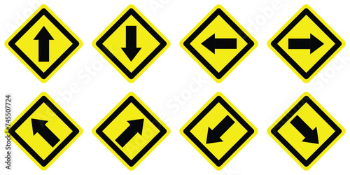set keep right left straight ahead back arrow road traffic yellow warning sign icon. danger primited cross road symbol logo design for web mobile isolated white background illustration.