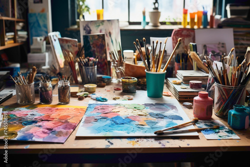 A cluster of colorful art supplies, including paintbrushes, tubes of paint, and sketchbooks, arranged on an artist's workspace table