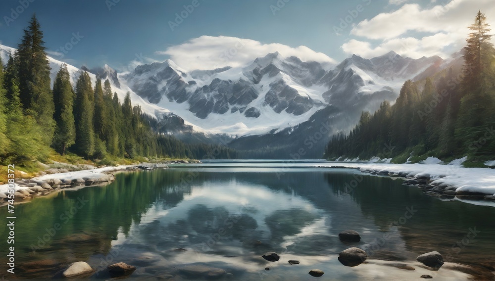 A majestic landscape of snow-capped mountains towering over a serene lake, surrounded by a lush forest of evergreen trees.