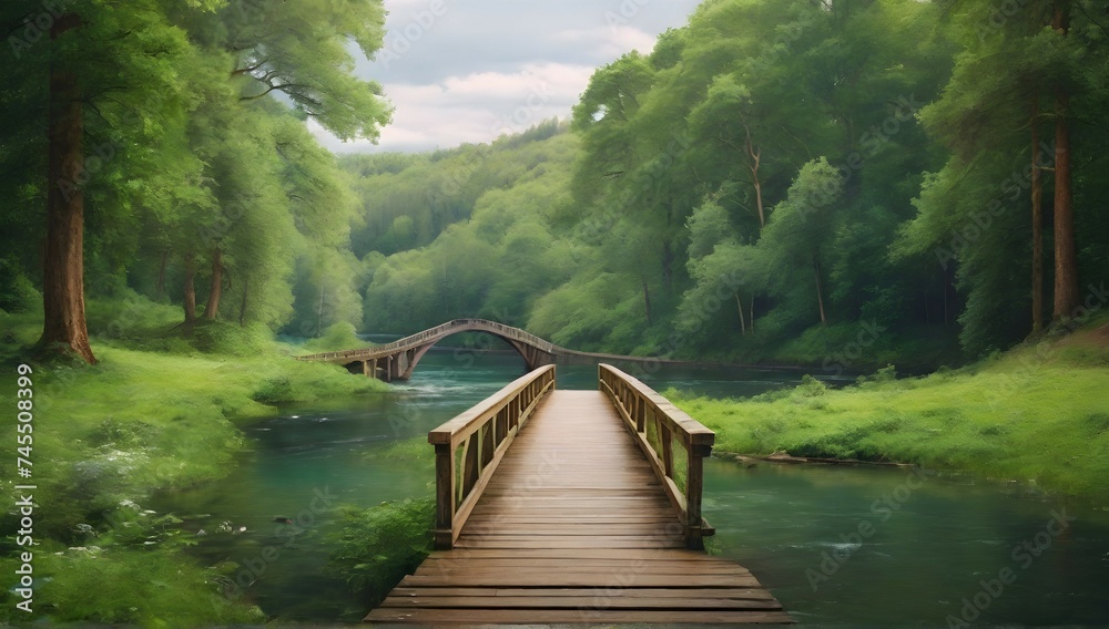 Step into a world of vibrant greenery and serene waters, as a picturesque bridge leads you deeper into the heart of the forest. Step into a world of vibrant greenery and serene waters, as a picturesque bridge leads you deeper into the heart of the forest.
