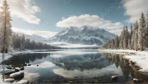 A majestic landscape of snow-capped mountains towering over a serene lake, surrounded by a lush forest of evergreen trees.