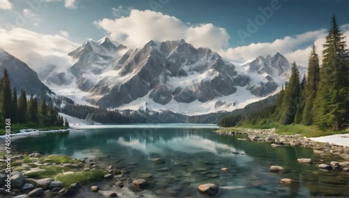 A majestic landscape of snow-capped mountains towering over a serene lake  surrounded by a lush forest of evergreen trees.