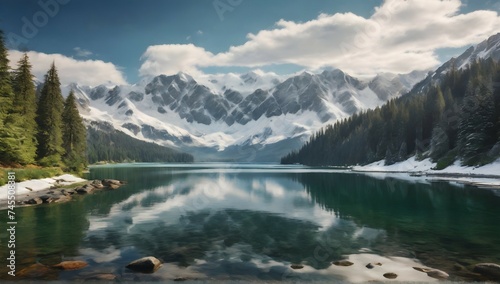 A majestic landscape of snow-capped mountains towering over a serene lake  surrounded by a lush forest of evergreen trees.