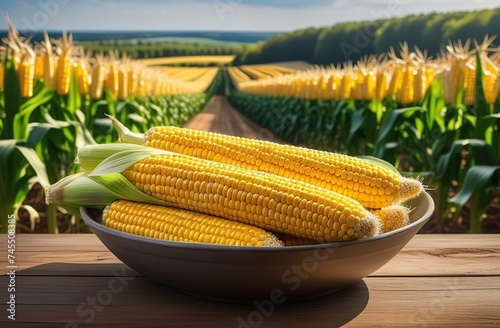 Fresh corn and cobs in bowl on rustic wooden table, Corns field in background. photo