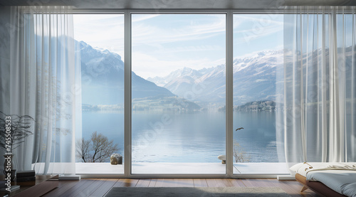 a window view of lake and mountains with curtains