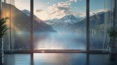 a window view of lake and mountains with curtains