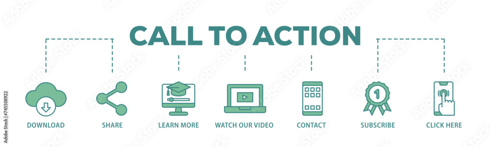 Call to action banner web icon illustration concept with icon of  click here, watch our video, subscribe, contact, learn more, share, download icon live stroke and easy to edit 