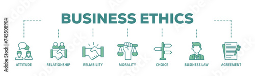 Business ethics banner web icon illustration concept with icon of attitude, relationship, reliability, morality, choice, business law and agreement icon live stroke and easy to edit 