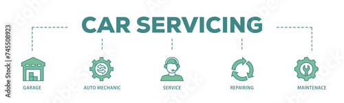 Car servicing banner web icon illustration concept with icon of repairing, maintenace, service, auto mechanic, garage icon live stroke and easy to edit 