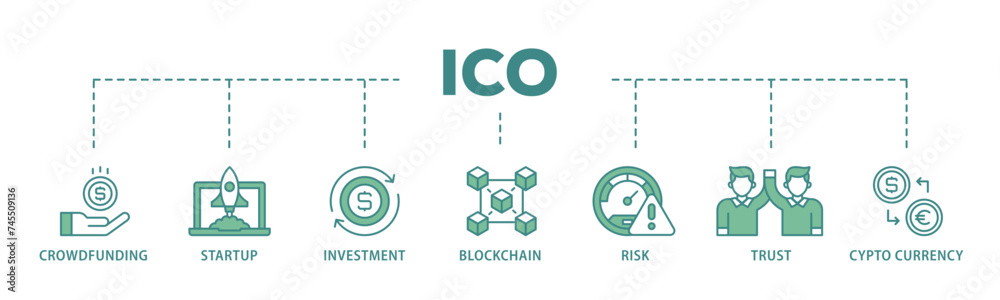 ICO banner web icon illustration concept with icon of crowdfunding, startup, investment, blockchain, risk, trust and cypto currency icon live stroke and easy to edit 