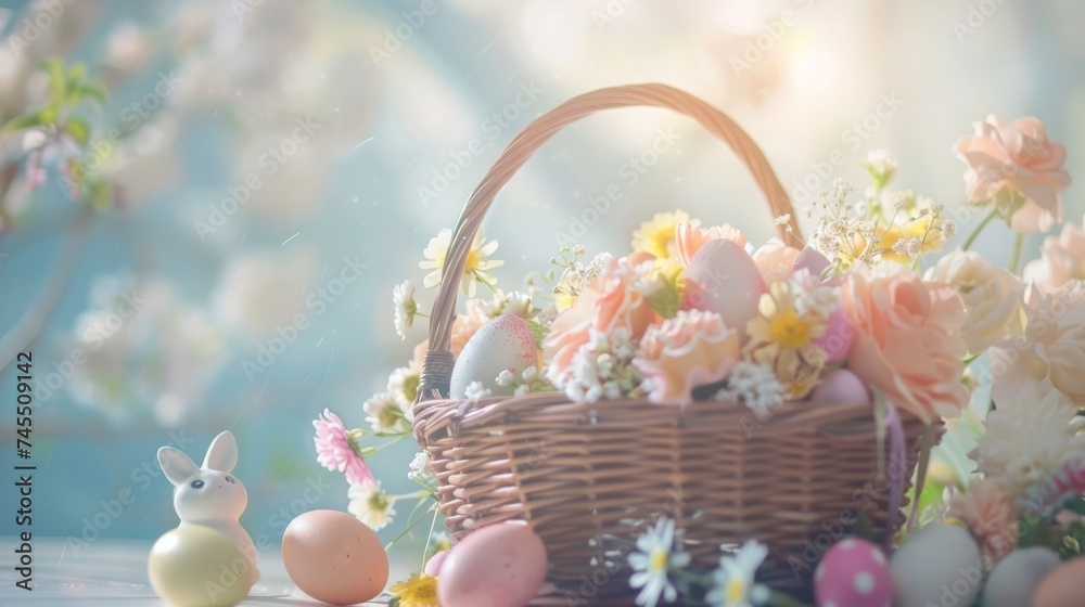 Easter Egg, Cute bunny or Rabbit and Easter Eggs pastel color with copy space Easter Egg, Cute bunny or Rabbit and Easter Eggs pastel color with copy space