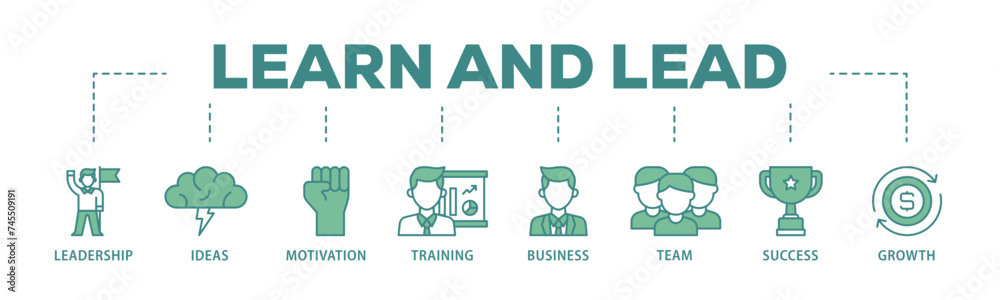 Learn and lead banner web icon illustration concept with icon of leadership, ideas, motivation, training, business, team, success, and growth icon live stroke and easy to edit Learn and lead banner web icon illustration concept with icon of leadership, ideas, motivation, training, business, team, success, and growth icon live stroke and easy to edit