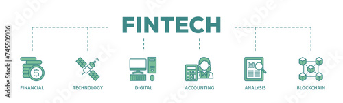 Fintech banner web icon illustration concept with icon of financial, technology, digital, accounting, analysis and blockchain icon live stroke and easy to edit 