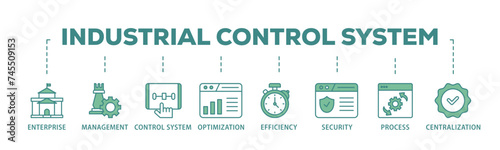 Industrial control system banner web icon illustration concept with icon of enterprise, management, control system, optimization, efficiency icon live stroke and easy to edit 