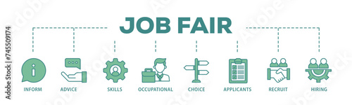 Job fair banner web icon illustration concept with icon of the information, advice, skills, occupational, applicants, recruit, and hiring icon live stroke and easy to edit 