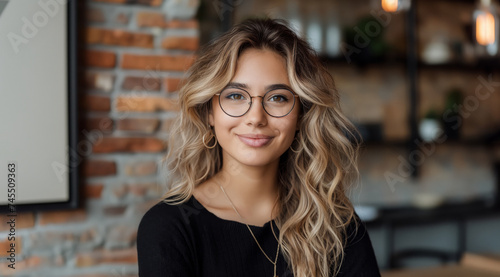 Chic Business Casual: Smiling Young Woman in Trendy Glasses