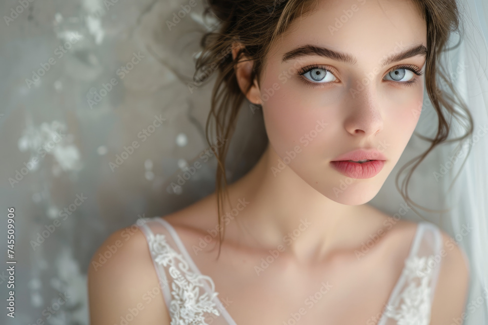 A portrait of a beautiful young woman model in white dress posing