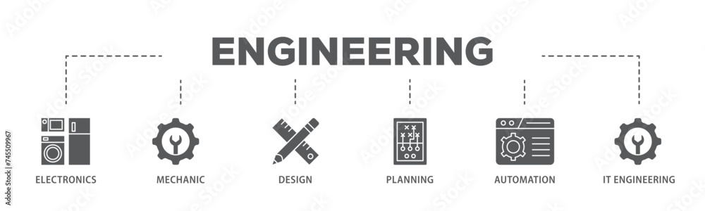 Engineering banner web icon illustration concept with icon of electronics, mechanic, design, planning, automation and it engineering icon live stroke and easy to edit Engineering banner web icon illustration concept with icon of electronics, mechanic, design, planning, automation and it engineering icon live stroke and easy to edit