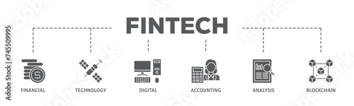 Fintech banner web icon illustration concept with icon of financial, technology, digital, accounting, analysis and blockchain icon live stroke and easy to edit 