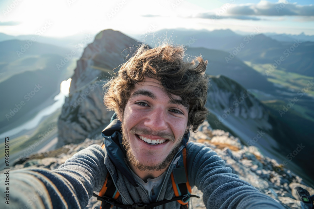 a young male hiker with a smile on his face, looking at the camera and capturing a selfie portrait at the mountain summit