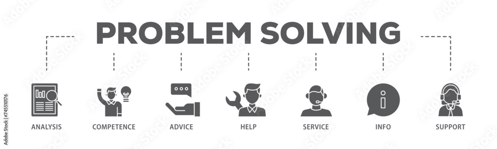 Problem solving banner web icon illustration concept with icon of analysis, critical thinking, creativity, emotional intelligence, research, team building  icon live stroke and easy to edit 