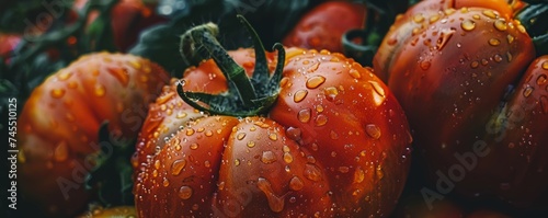 Glistening with water droplets, this close-up showcases freshly harvested tomatoes with vibrant red skin and green stems.