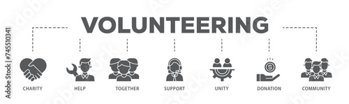 Volunteering banner web icon illustration concept with icon of charity, help, together, support, unity, donation, and community icon live stroke and easy to edit 