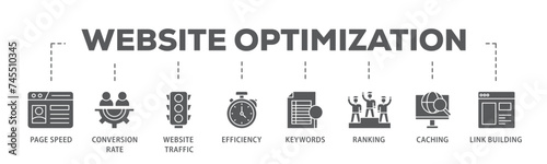 Website optimization banner web icon illustration concept with icon of page speed, conversion rate, website traffic, efficiency, keywords, ranking, caching  icon live stroke and easy to edit 