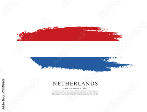 Flag of Netherlands, vector illustration, brush stroke background