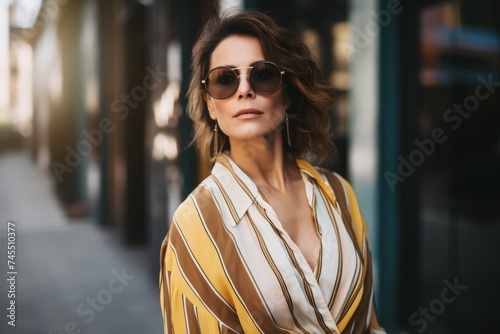 Portrait of a beautiful woman in sunglasses on a city street.