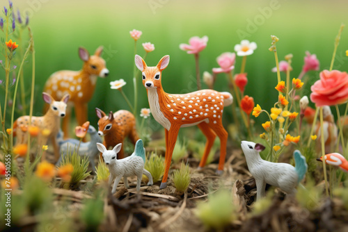 A colorful collection of miniature animals playing in a vibrant meadow  each with intricate details.
