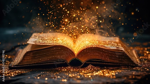 Magical story opened book with golden shiny glittering coming out