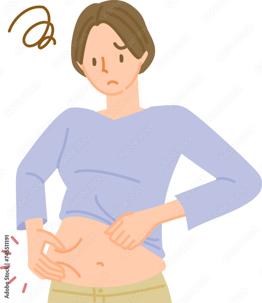 ダイエットの悩み:手でお腹の肉をつまむ女性 ダイエットの悩み:手でお腹の肉をつまむ女性