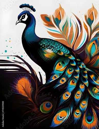 A cool graphic illustration of a peacock on a black background Generative AI
