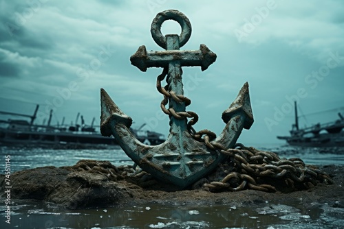 Rusty Old ship anchor on blue marine background. Nautical boat equipment for water navigation. Generate ai