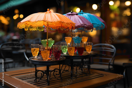 An adorable miniature disposable umbrella with vibrant designs, placed on a cocktail table