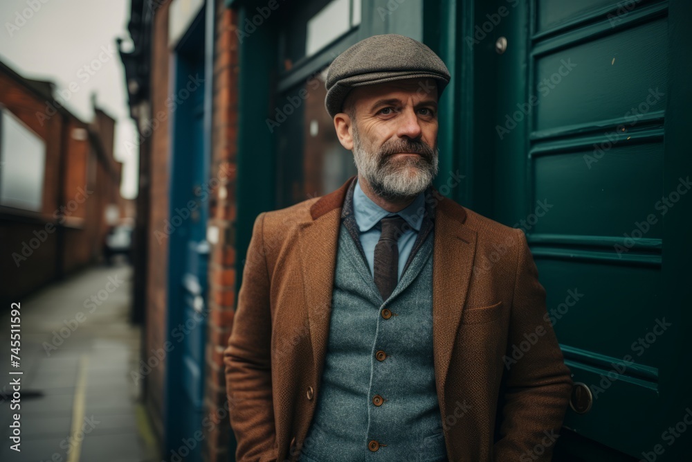 Portrait of a senior man with a grey beard wearing a hat and coat, standing in an old street.