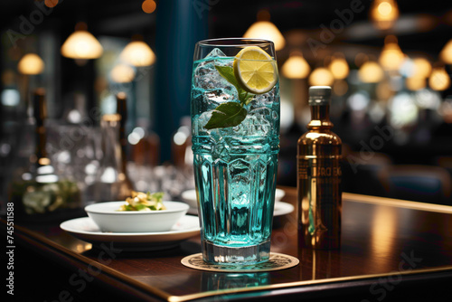 A premium glass bottle of sparkling water with bubbles on a bar counter