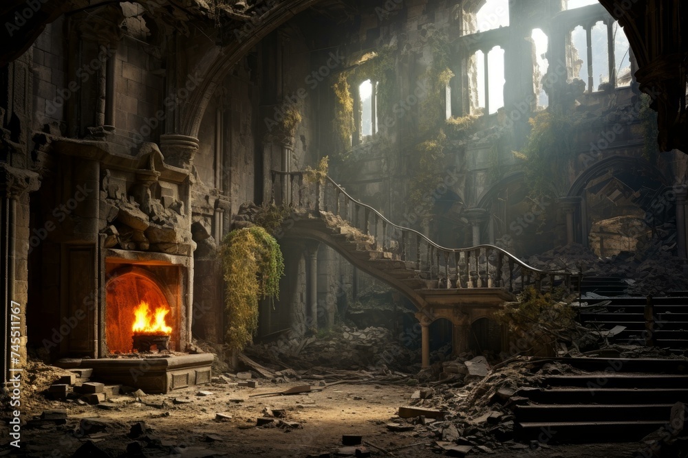Old castle inside. Budapest interior palace. Generate Ai